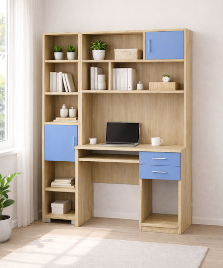Birou pentru copii cu Bibliotecă Albastru deschis 140x55x180cm