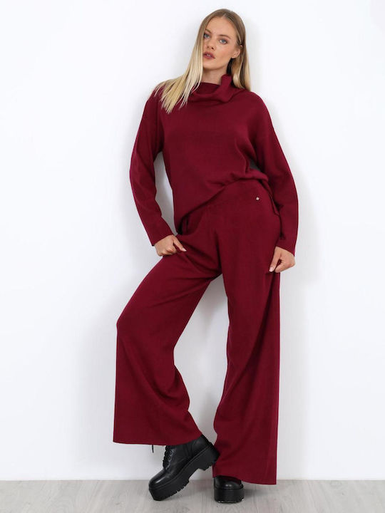 Women's Fabric Trousers with Elastic Burgundy