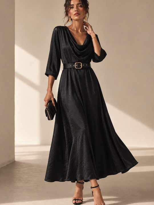 Summer Maxi Evening Satin Drape Black Dress