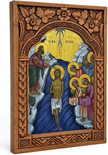 Taufe Christi Holzgeschnitztes Heiligenbild mit Myrrenblatt 16cm