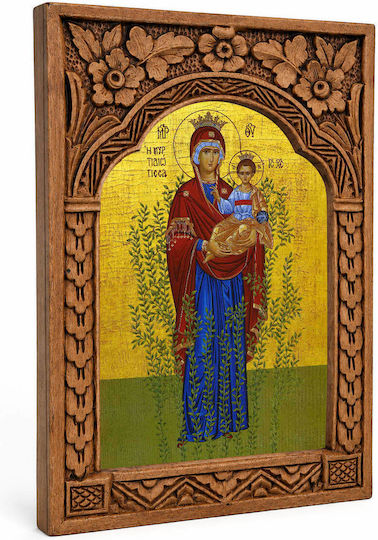 Heiligenikone Unserer Mutter Gottes von Myrtidiotissa Holzrahmen Myrtenblatt 16cm
