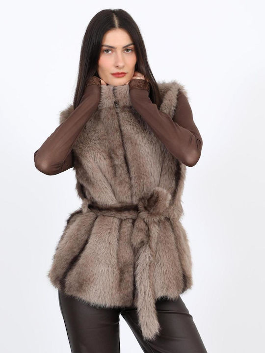 Ärmellose Kurze Damenpelz Beige