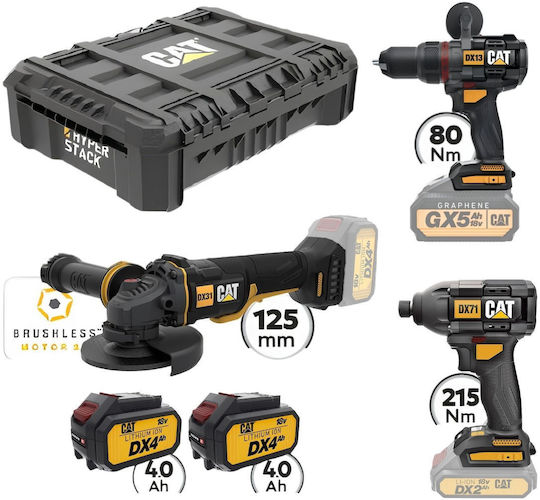 CAT 02-5633 Set Roată Unghiulară, Burghiu & Șurubelniță cu Impact Brushless 18V cu 2 Baterii 4Ah și Husă cu Încărcător