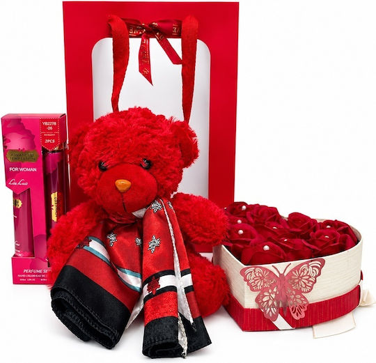 Set Pentru Femei Ursuleț De Pluș Tommy 10 Trandafiri Săpun Eșarfă Din Satin Set Parfum