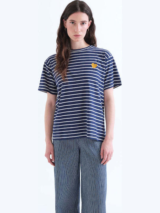 Damen T-Shirt Marineblau-Weiß