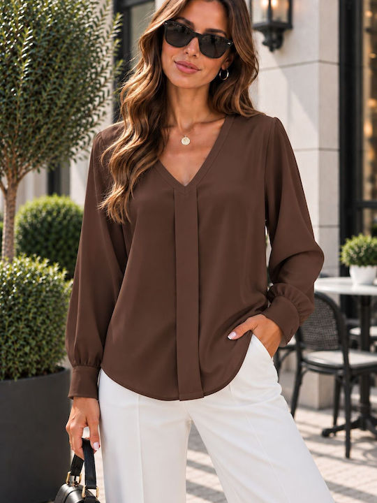 Women's Blouse with V-Neck Brown