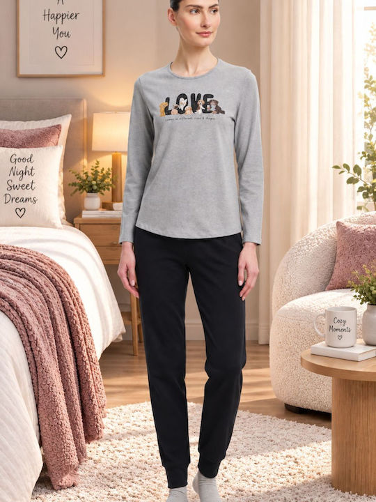 Minerva Set De Pijamale De Iarnă Pentru Femei Din Bumbac Gri Love