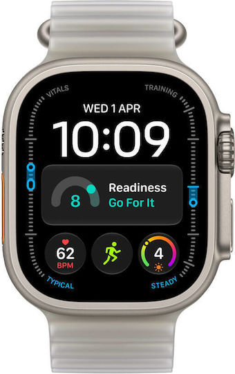 Apple Watch Ultra 4 Titanium 49mm Waterproof with Heart Rate Monitor (Natural Titanium with Translucent Grey Ocean Band)