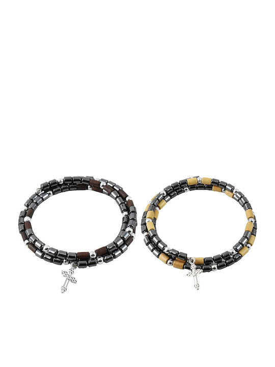 Double Wrap Bracelet Cross Beads Hematite & Beige Wood