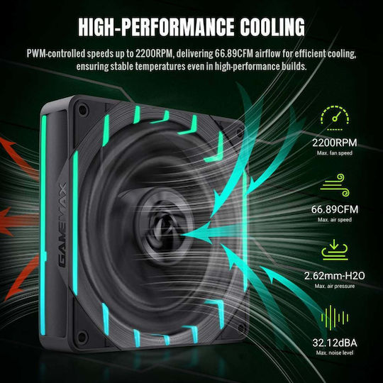 GameMax Tornado T12 Вентилатор за кутия 120mm (66.89cfm) с ARGB Осветление и Свързване 3-Pin / 4-Pin PWM