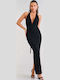 Maxi Evening Dress Strapless Velvet Open Back with Lace Black