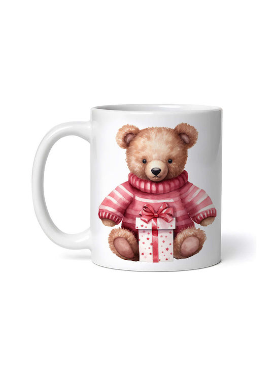 Cană Ceramică Albă De Crăciun Bear With Christmas Gift 330ml Cu Personalizare