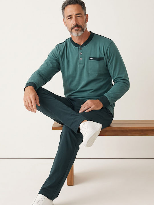 Мъжка Пижама Collection Henley Фуутър 65% Памук Българско Производство Зелен Cl2725-68-зелен
