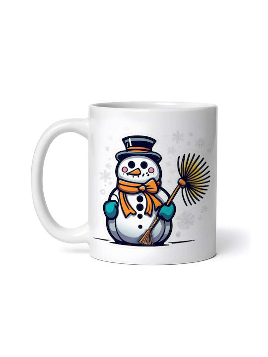 Cană Ceramică De Crăciun Oameni De Zăpadă Cu Mătura 330ml Cu Personalizare