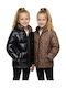 Kids Quilted Short Double Sided Hooded Jacket Black Leopard