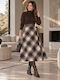 High Waist Midi Checked Beige Skirt