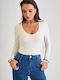 Damen-Bodysuit Mit Tiefem Ausschnitt Beige