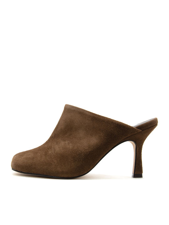 Suede Damen Pantoletten mit Hoch Absatz in Brauner Farbe