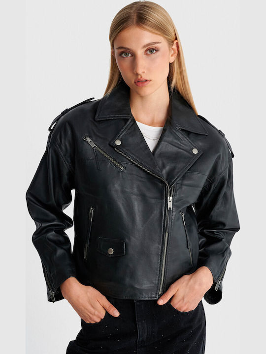 Δερμάτινο Γυναικείο Biker Jacket Μαύρο