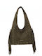 Knitted Women's Hobo Bag Suede with Fringes Khaki