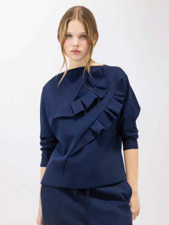 Women's Blouse with 3/4 Sleeve & Smile Neckline Blue
