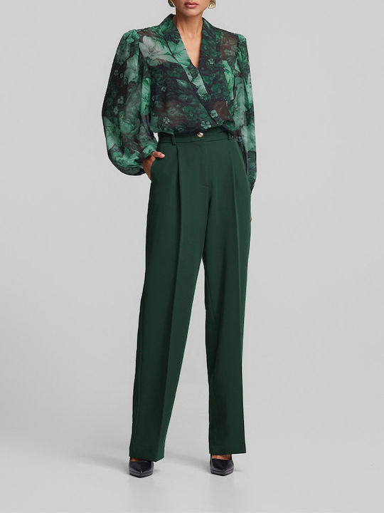 Women's High Rise Crepe Trousers in Loose Fit Dark Green