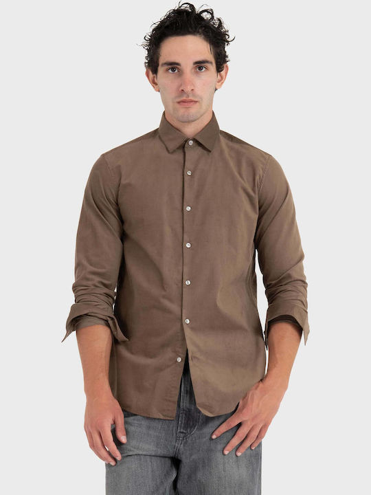 Дълъг Ръкав Рипсено Кадифе Риза в Тясна Кройка Light Brown