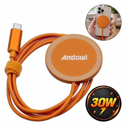 Andowl Wireless Charger (Qi Pad) and USB-C Cable 30W Orange (A53)
