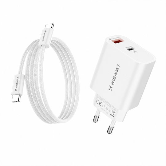 Wozinsky Зарядно устройство с USB-A порт и USB-C порт и кабел USB-C - USB-C 20W Power Delivery / Quick Charge 3.0 Бял (WLS-20W)