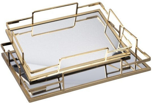 Dekorative Tablett Metallisch Rechteckig mit Spiegel 35x25x6cm 2 Stück