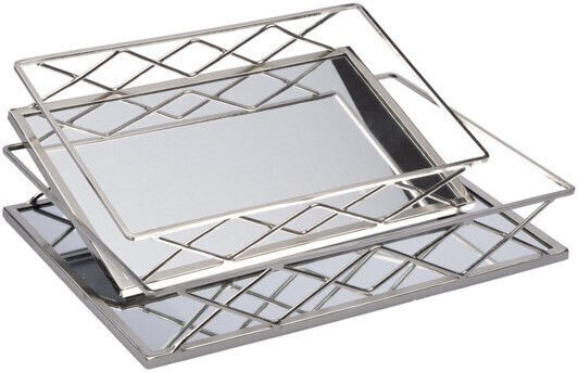 Dekorative Tablett Metallisch Rechteckig mit Spiegel 35x25x6cm 2 Stück