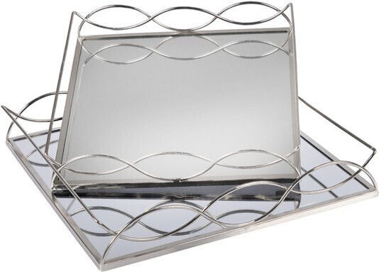 Dekorative Tablett Metallisch Rechteckig mit Spiegel 35x35x6cm 2 Stück