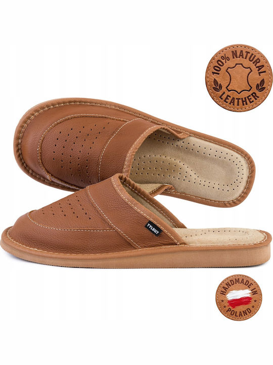 Memory Foam Leather Men's Brown Slippers