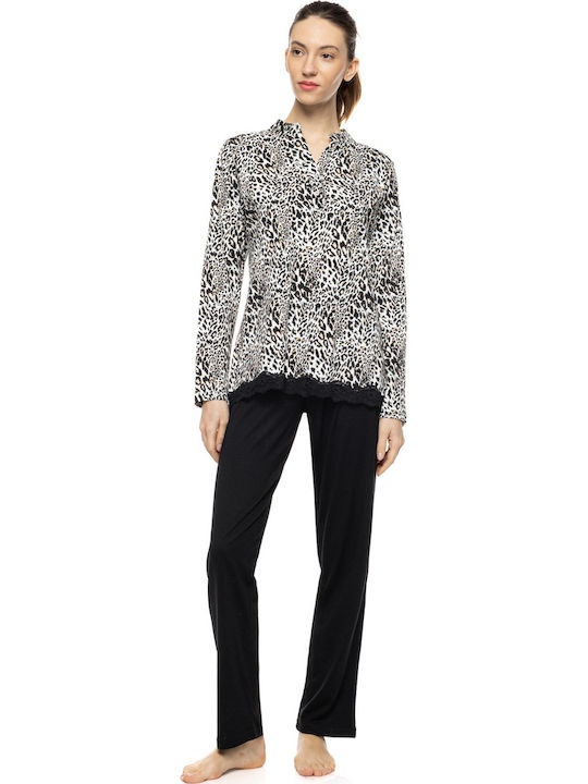 Pink Label Winter Women's Pyjamas Set Ivory Leopard