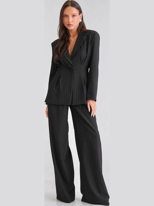 Women's Black Set with Striped Trousers