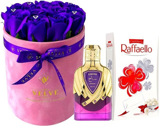 Pachet de frumusețe Crystal Aranjament floral Parfum arabesc Extrait De Parfum Samah Amethyst Riiffs Pentru femei 100 Ml Praline Raffaello 80g Mov