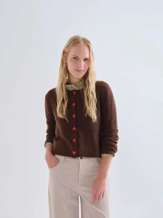 Long Women's Knitted Cardigan with Buttons Brown