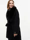 Wool Women's Coat Black Oversized with Fur Details