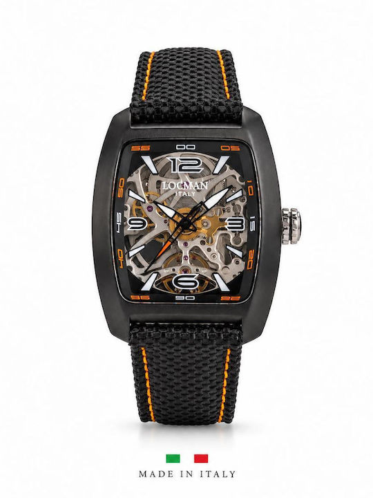 Locman Italy Sport Skeleton 37x46.8mm PVD Black Movement Swiss Three Hands Automatic Dial Transparent Deflector Strap Black Cordura