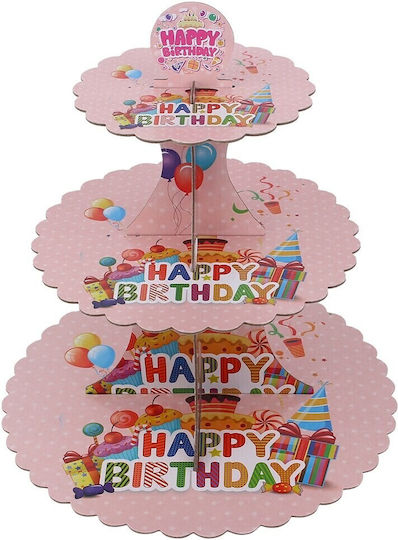 Stand Pentru Dulciuri Din Carton Flippy Cu 3 Nivele Diametru 16 22 29 Cm Înălțime 38 Cm Temă Happy Birthday Roz