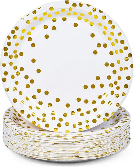 10 Einwegplatten Flippy Polka Dot Druck Pappe 18 cm Durchmesser Weiß Gold