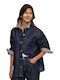 Langärmeliges Damen-Denim-Halbknopfhemd Blau Geprüft