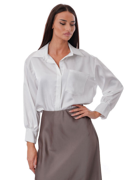 Silia D Langärmeliges Damen-Satin-Hemd Weiß