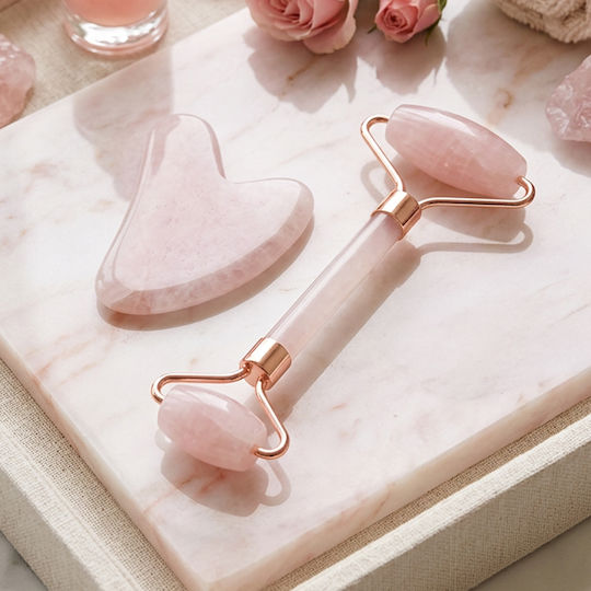 Gesicht-Roller Set & Gua Sha Werkzeug aus Rosenquarz 1 Stück