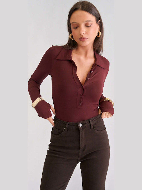 Damen-Bodysuit mit Knöpfen Burgundisch
