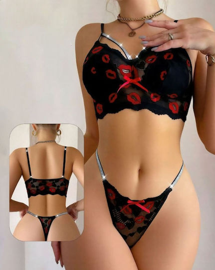 Roza Rz1100 Sexy Lingerie Set 2 Pieces Black Lace Red Lips & Strass