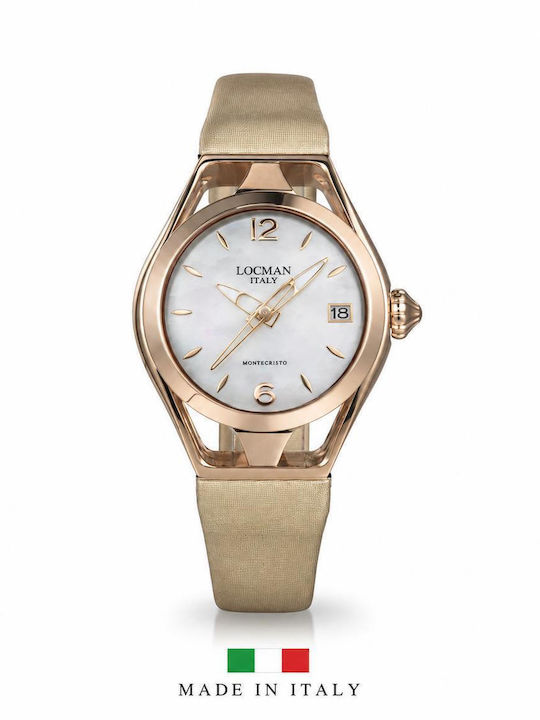 Locman Italy Montecristo Lady Pvd 36mm Mecanism Trei Ace Quartz Cadran Alb Sidef Curea Auriu Satin