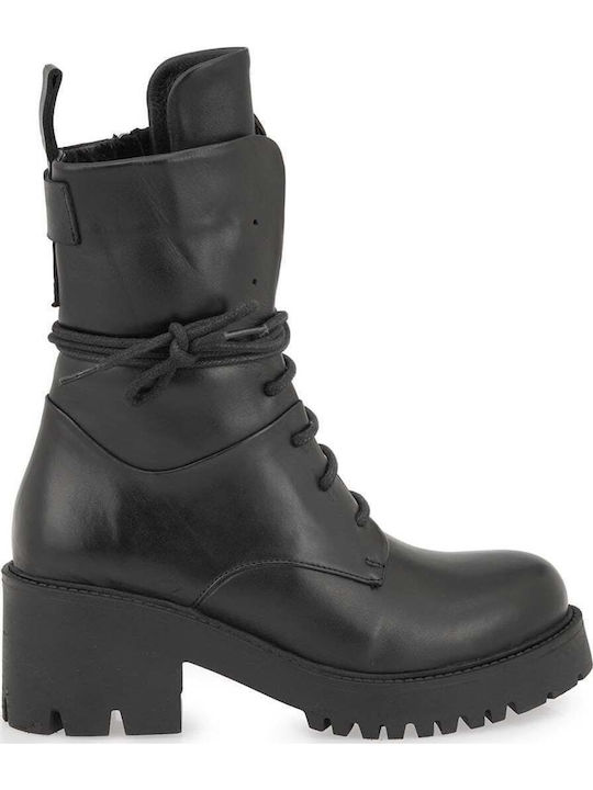 Leder Damen Stiefeletten mit Mittelhohem Absatz Schwarz