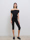 Damen Stoff Capri Hose Schwarz