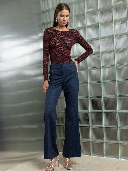 Women's High Rise Fabric Flared Trousers Regular Fit Blue with Sequins